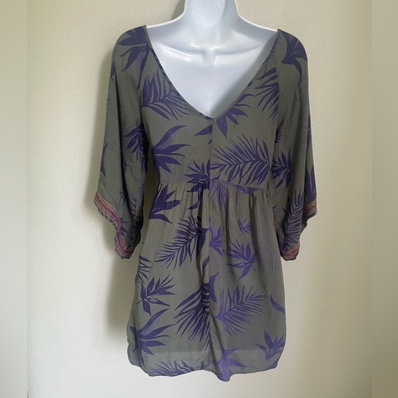 Roxy XS Boho Palm Leaf Blouse Top Olive Purple Bell Sleeve Embroidered Tunic - Picture 9 of 10